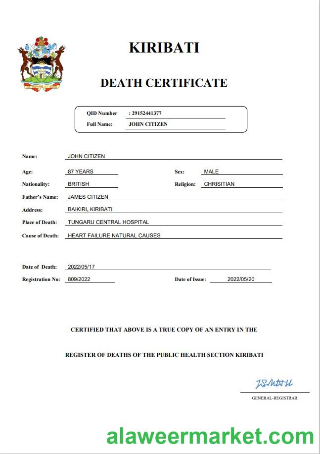 Kiribati vital record death certificate Word and PDF template